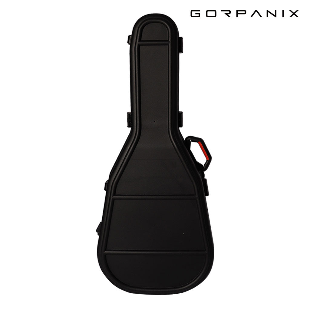 Back view of GORPANIX Hard Shell Ultra-Safe 41"42" Acoustic Guitar Case highlighting streamlined, impact-resistant design and red-accented handle.