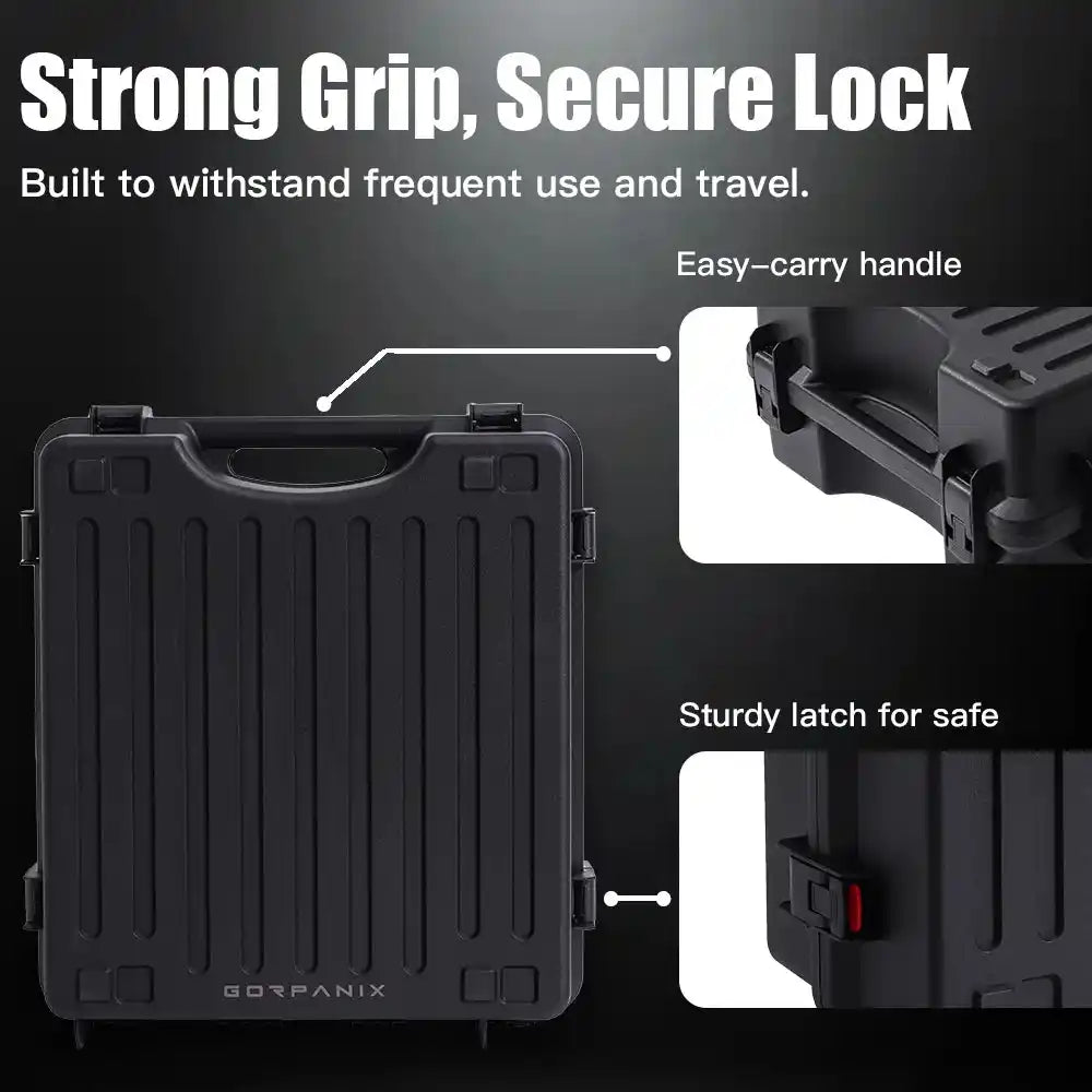 Close-up of GORPANIX Snare Drum Hard Case-Midnight Black showing secure latch, strong grip handle, and durable travel-ready design.