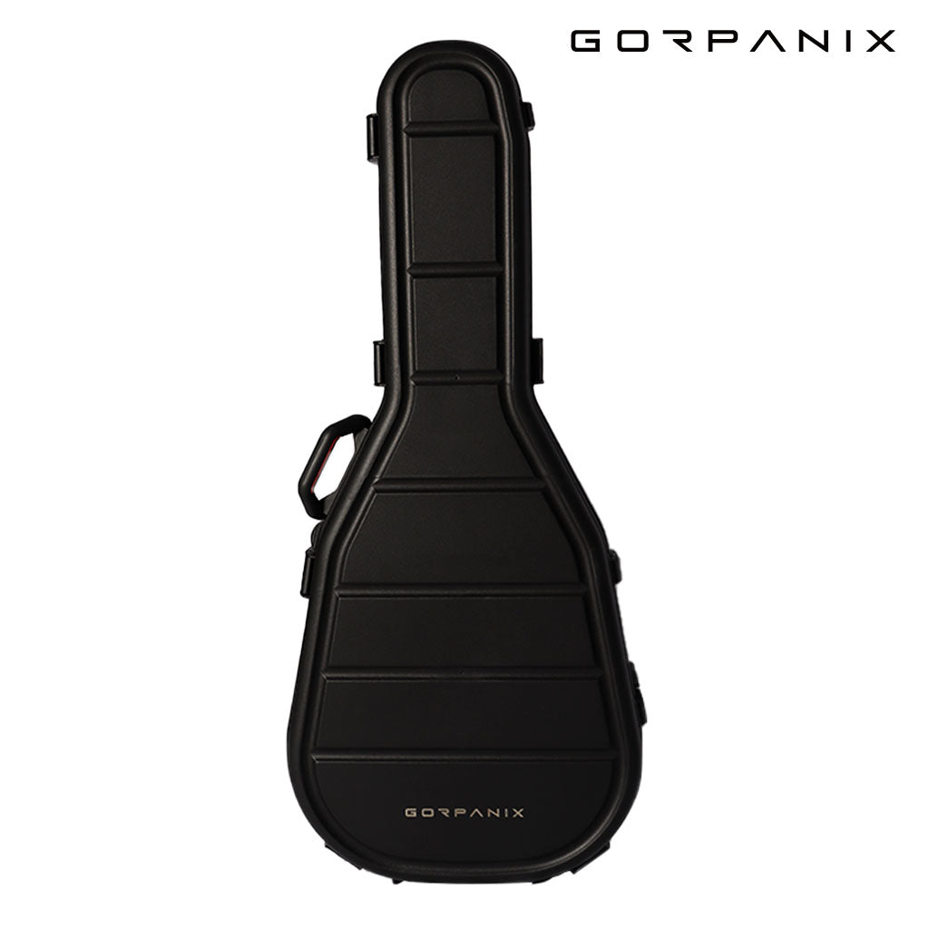 Front view of GORPANIX Hard Shell Ultra-Safe 41"42" Acoustic Guitar Case with rugged black exterior and molded contours for added protection.