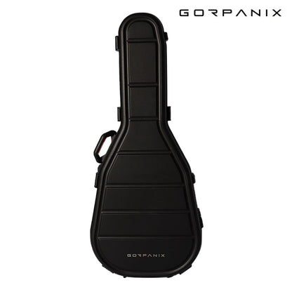 Front view of GORPANIX Hard Shell Ultra-Safe 41"42" Acoustic Guitar Case with rugged black exterior and molded contours for added protection.