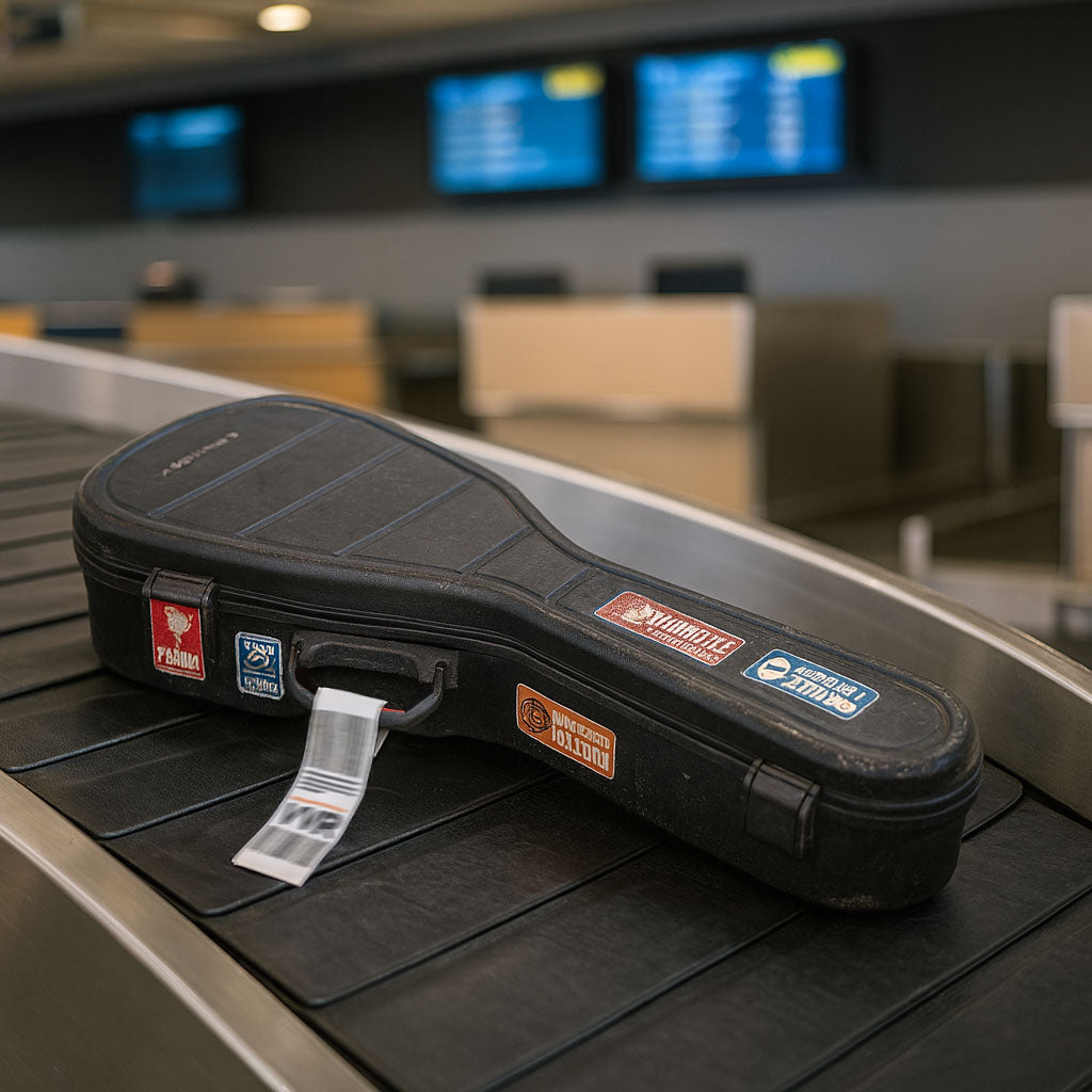 GORPANIX Hard Shell Ultra-Safe 41"42" Acoustic Guitar Case on airport baggage carousel, showcasing travel-ready durability and secure design.