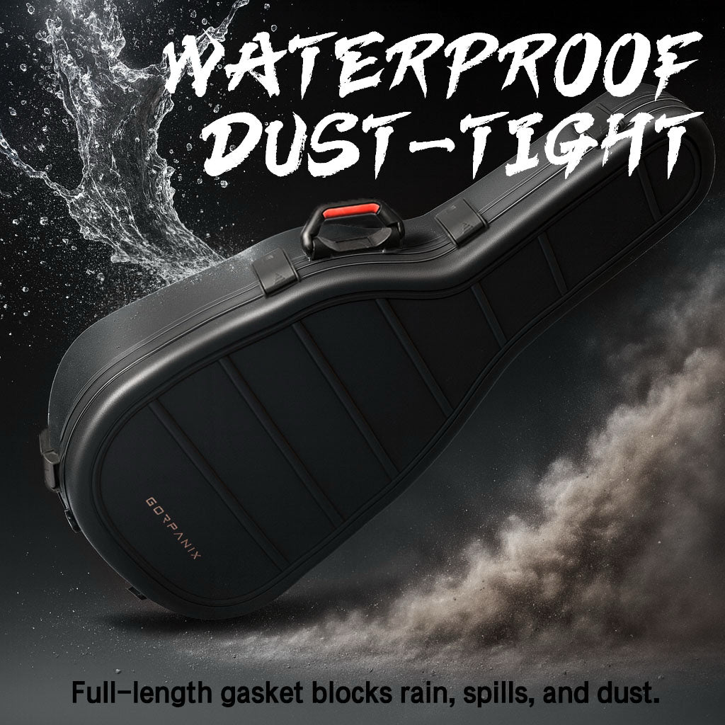 Waterproof and dust-tight GORPANIX Hard Shell Ultra-Safe 41"42" Acoustic Guitar Case with full-length gasket for ultimate weather protection.