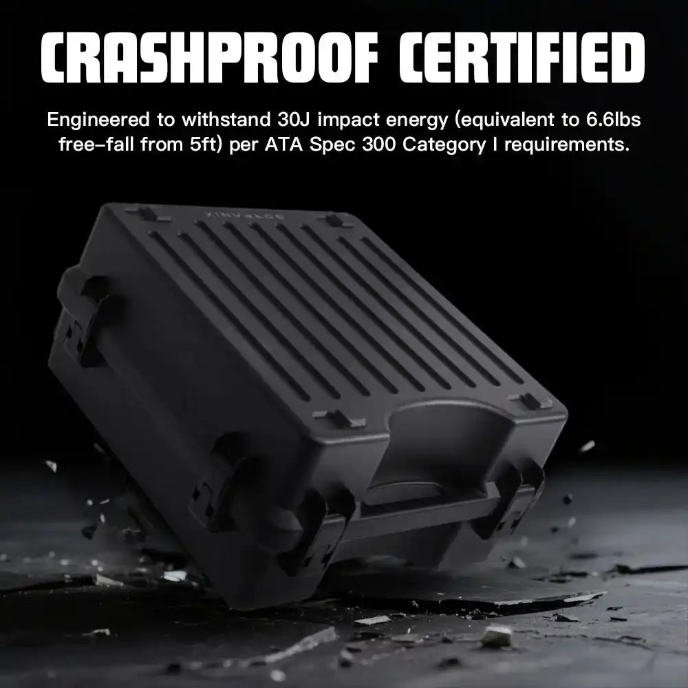 GORPANIX Snare Drum Hard Case-Midnight Black shown crashproof certified, withstanding 30J impact energy for maximum drum protection.