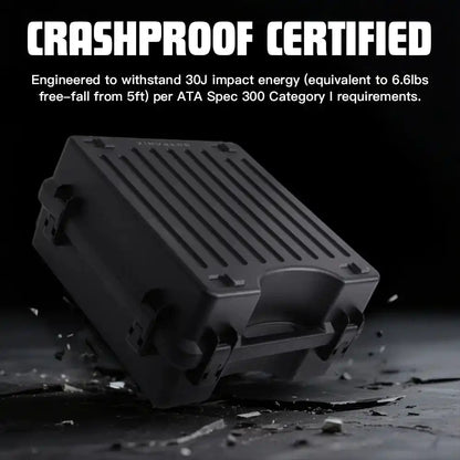 GORPANIX Snare Drum Hard Case-Midnight Black shown crashproof certified, withstanding 30J impact energy for maximum drum protection.