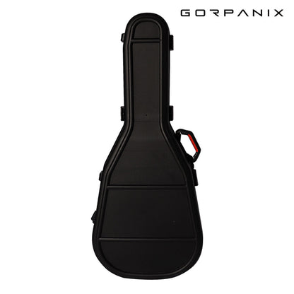 Back view of GORPANIX Hard Shell Ultra-Safe 41"42" Acoustic Guitar Case highlighting streamlined, impact-resistant design and red-accented handle.