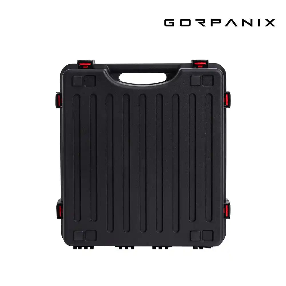 Front view of GORPANIX Snare Drum Hard Case-Midnight Black with red latches and molded handle for professional percussion transport.