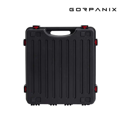 Front view of GORPANIX Snare Drum Hard Case-Midnight Black with red latches and molded handle for professional percussion transport.