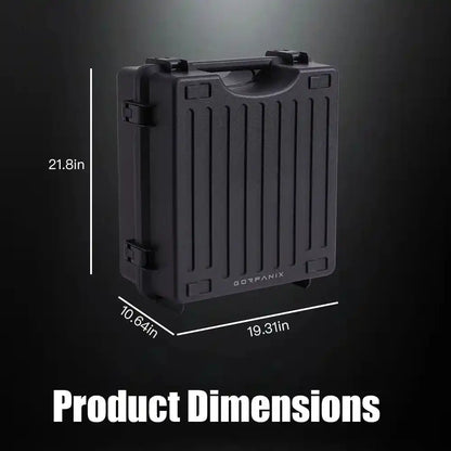 GORPANIX Snare Drum Hard Case-Midnight Black with product dimensions 21.8 x 19.31 x 10.64 inches displayed on dark background.