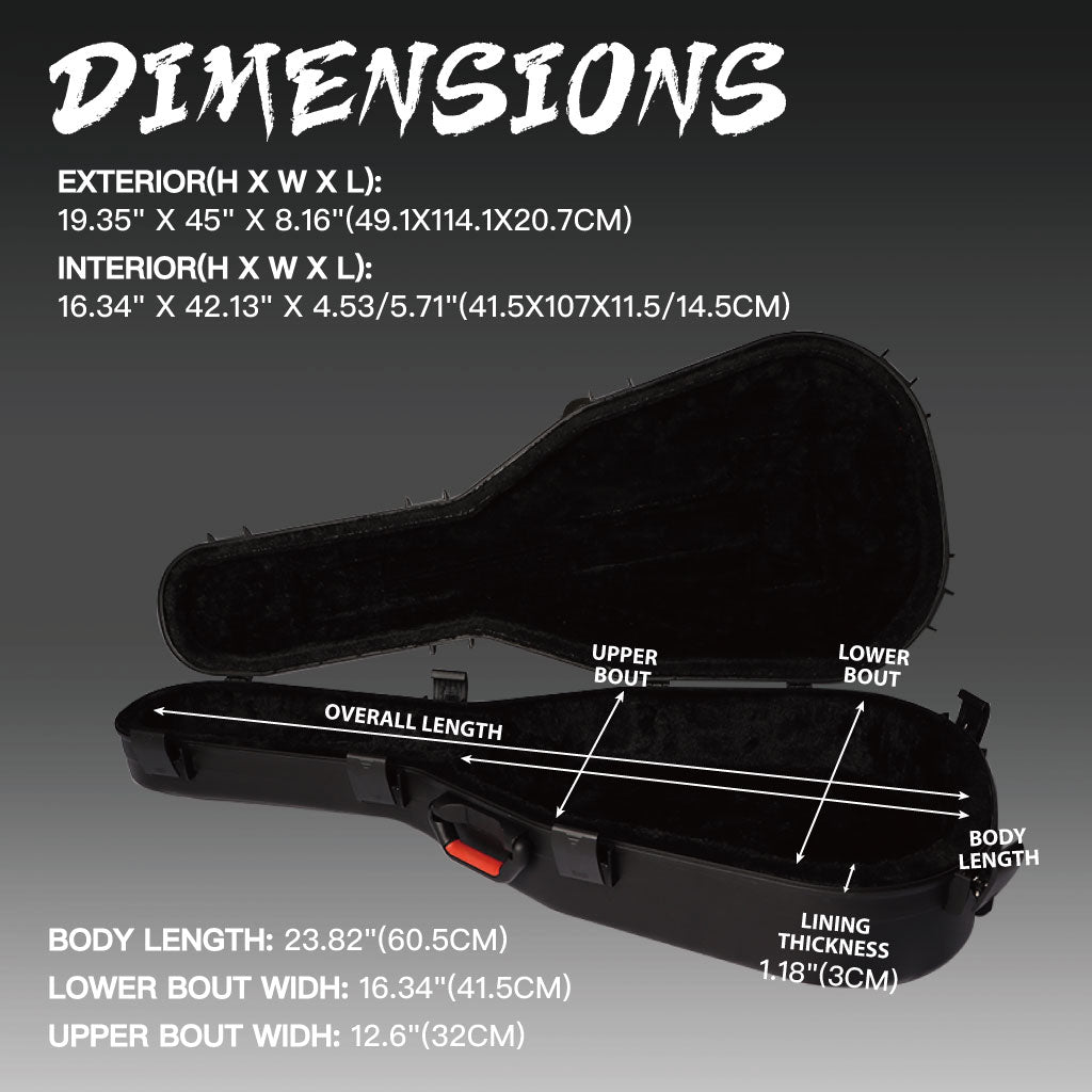 Detailed dimensions of GORPANIX Hard Shell Ultra-Safe 41"42" Acoustic Guitar Case showing interior and exterior measurements for perfect fit.