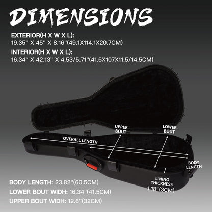 Detailed dimensions of GORPANIX Hard Shell Ultra-Safe 41"42" Acoustic Guitar Case showing interior and exterior measurements for perfect fit.