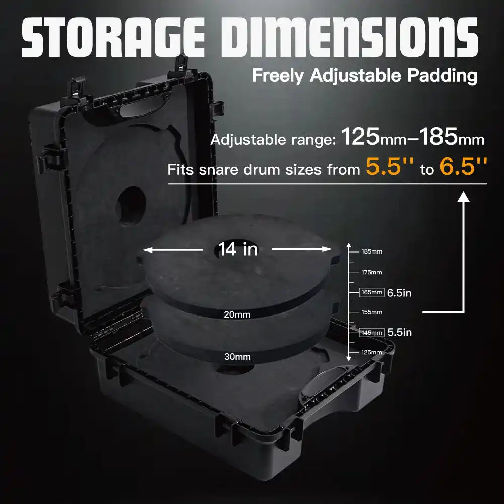 Interior view of GORPANIX Snare Drum Hard Case-Midnight Black with adjustable foam padding for 14x5.5 to 14x6.5 inch snare drums.