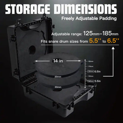 Interior view of GORPANIX Snare Drum Hard Case-Midnight Black with adjustable foam padding for 14x5.5 to 14x6.5 inch snare drums.