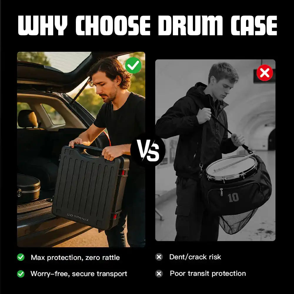 Comparison showing GORPANIX Snare Drum Hard Case-Midnight Black offers superior protection over soft drum bags for safe transport.