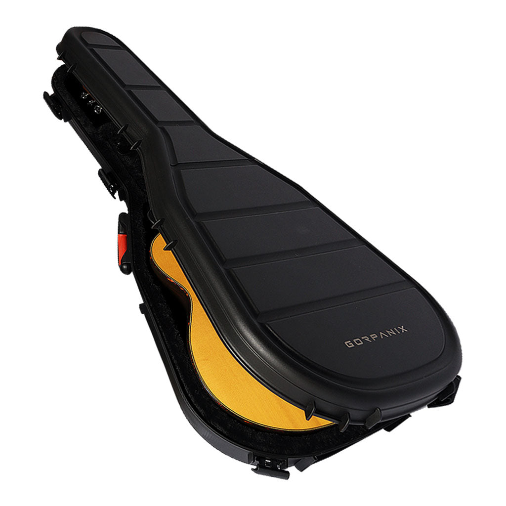 GORPANIX Hard Shell Ultra-Safe 41"42" Acoustic Guitar Case with open lid showing snug guitar fit and durable molded interior for secure transport.