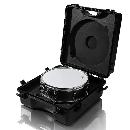GORPANIX Snare Drum Hard Case-Midnight Black open with 14-inch snare drum inside, showcasing interior padding for secure fit and protection.